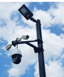 Steady Max pole with fence guard mount holding cameras and a light fixture.