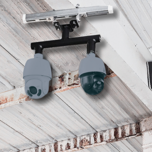 Adjustable Beam Pitch Hanger Mount with PTZ cameras attached